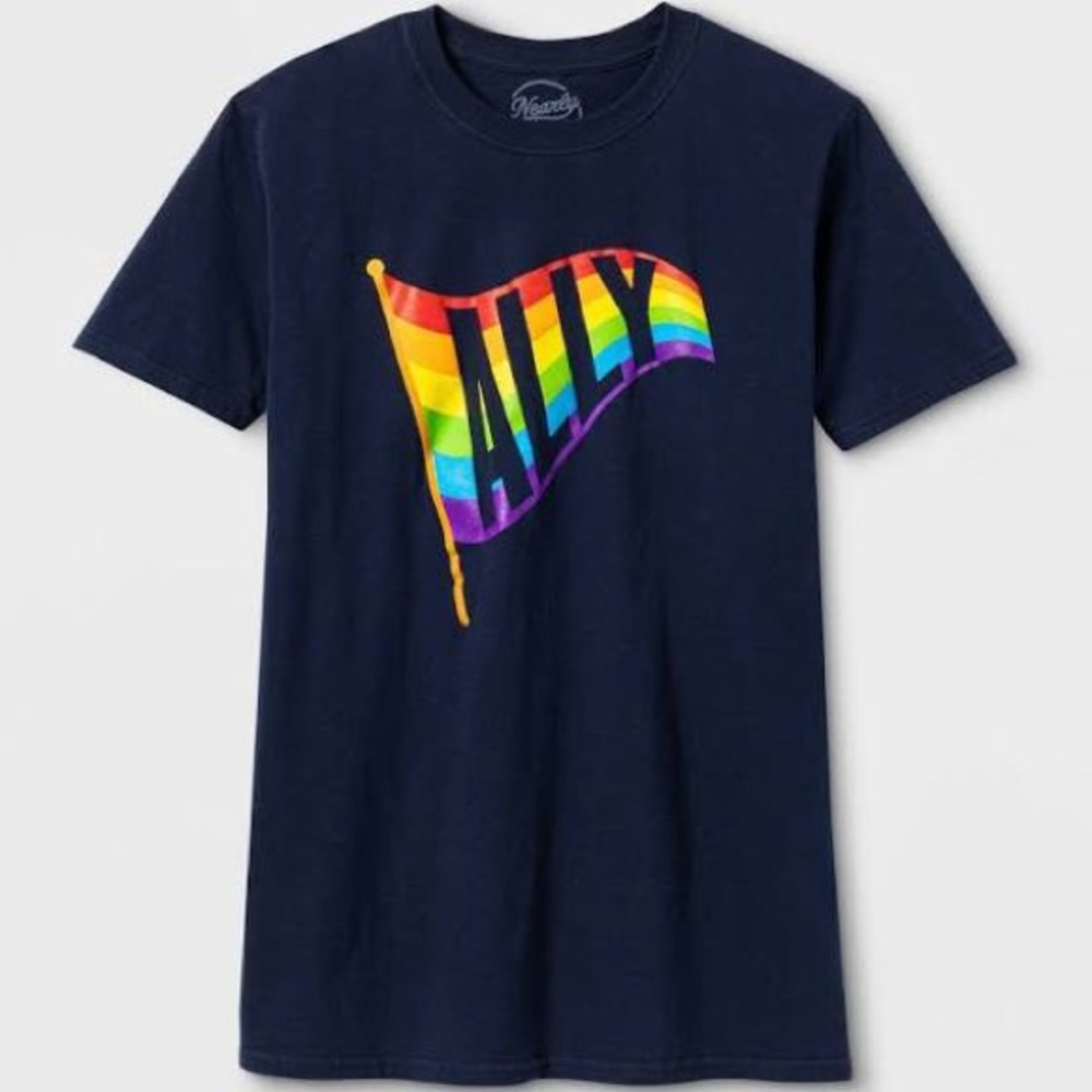 NEW Pride Gender Inclusive Adult 'Ally' NAVY Short Sleeve T-Shirt LGBTQ RAINBOW